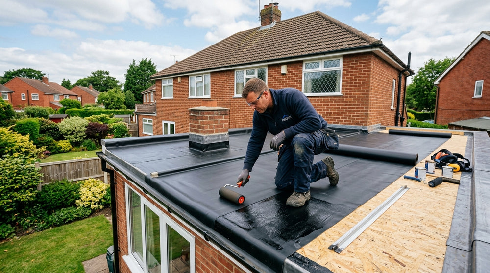 Roofer rolling EPDM rubber membrane onto a flat extension roof