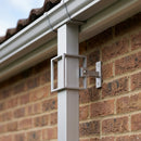 Adjustable Aluminium Pipe Clip 72×72mm – Flush Joint Downpipe — RAL 9006 (in use)