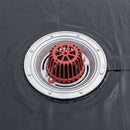Aluminium vertical threaded roof drain outlet with dome grate installed flush in an EPDM flat roof membrane