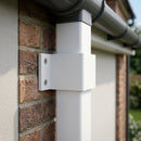 Aluminium Downpipe Clip 72×72mm with 5mm Wall Spacing — RAL 9010 (in use)