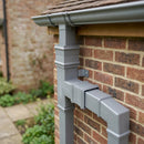 72x72mm Traditional Square Aluminium Downpipe Branches — RAL 7036 / 92.5 Degrees (in use)