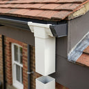 Aluminium Gutter Outlet Spigot Extender 72×72mm — RAL 9010 (in use)