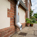 63mm Diameter Flush Joint Aluminium Downpipe Shoe — RAL 9006 (in use)