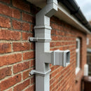 72x72mm Traditional Square Aluminium Downpipe Branches — RAL 7035 / 92.5 Degrees (in use)