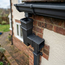 72x72mm Traditional Square Aluminium Downpipe Branches — RAL 7021 / 92.5 Degrees (in use)