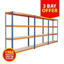 3-bay Rapid 1 heavy duty shelving package with 12 chipboard shelves, 1830mm high x 1830mm wide bays