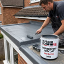 Roofer applying fire-rated GRP topcoat to a small porch roof, RUBBER ROOF UK branded tin