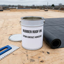 RUBBER ROOF UK EPDM contact bonding adhesive tin open on a flat roof deck with membrane ready to bond