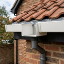 Aluminium Box Gutter Outlet 63mm Diameter 135 x 100mm — RAL 9010 (in use)