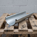 Cut length of 150mm galvanised steel half round gutter showing the profile and cut end