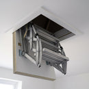 Close-up from below of the aluminium concertina loft ladder folded into its insulated hatch box