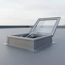 AOV smoke vent rooflight installed and open on a flat commercial roof