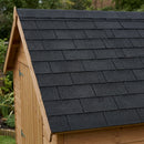 Garden shed pitched roof covered in black bitumen architectural roof shingles