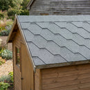 Garden shed pitched roof covered in grey bitumen architectural roof shingles