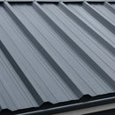 Anthracite box profile steel roofing sheets installed on a pitched garage roof