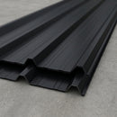 Black box profile steel roofing sheets stacked showing the trapezoidal rib profile
