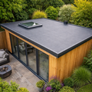Completed garden room with 1.2mm EPDM rubber flat roof and rooflight - modern garden office EPDM roofing UK