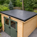Completed wooden garage outbuilding with a black EPDM rubber flat roof and green doors