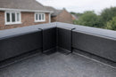 Black EPDM kerb trim internal corner joining kerb trims at an inside corner of a rubber flat roof upstand