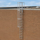 Fixed vertical aluminium roof access ladder with safety cage and walkthrough handrail on a wall