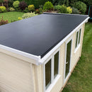 Cream garden office with a one-piece black EPDM rubber roof finished with white uPVC edge trims and a white gutter along the drip edge