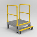 GRP step-over platform with handrails shown alone, gritted anti-slip mesh deck and yellow nosing