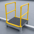 GRP step-over platform with twin handrails bridging an insulated pipe run on a grey flat roof