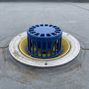 Close-up detail of the aluminium anti-vortex roof drain outlet dome grate and mounting flange