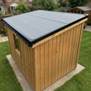 Finished EPDM rubber roof on a garden outbuilding with black membrane edge trims