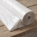 Close-up detail of folded reinforced woven polyethylene roof cover sheet showing woven texture and reinforced edge band