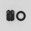 Fall arrest harness folded flat next to a coiled safety rope