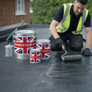 Roofer applying Rubber Roof UK EPDM bonding adhesive on house flat roof with roller - complete EPDM flat roof kit UK