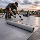 Roofer welding 1.5mm heavy duty EPDM membrane seam with heat gun on commercial flat roof - rubber roofing UK