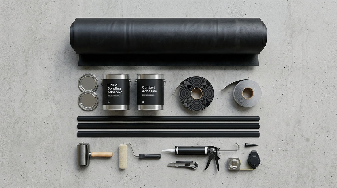 Contents of an EPDM rubber roof kit: membrane roll, bonding and contact adhesive, tapes, edge trims and fitting tools