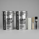 300g fire-rated GRP roofing kit contents - resin, topcoat, matting and tools, RUBBER ROOF UK